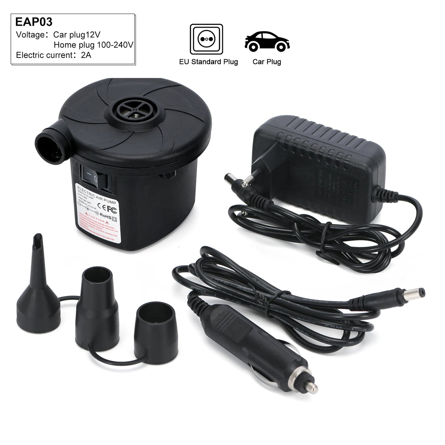 Tragbare elektrische Luftpumpe 160 W AC/DC zum Aufpumpen/Entleeren von Luftmatratzen, Schlauchbooten, Schwimmbecken und Campingausrüstung