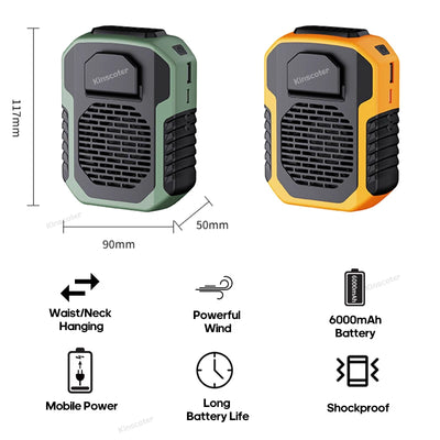 6000mAh Hanging Neck/Waist Fan USB Mini Portable Rechargeable Fan For Outdoor Camping Hiking Climbing Running Sports