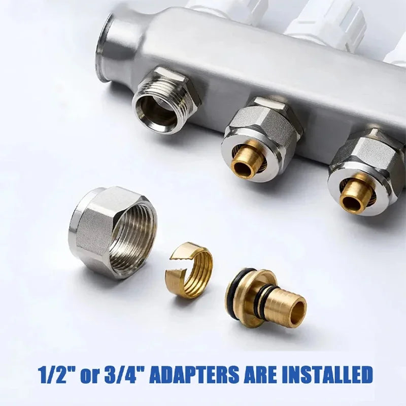 Kit de Colector de Calor de Acero Inoxidable con Adaptadores de 1/2" y 3/4” Incluidos para Calefacción por Suelo Radiante