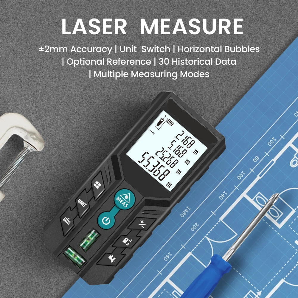 Przenośny dalmierz laserowy, dokładność ±2 mm, zasilany bateryjnie, kompaktowy 115 x 52 x 32,5 mm